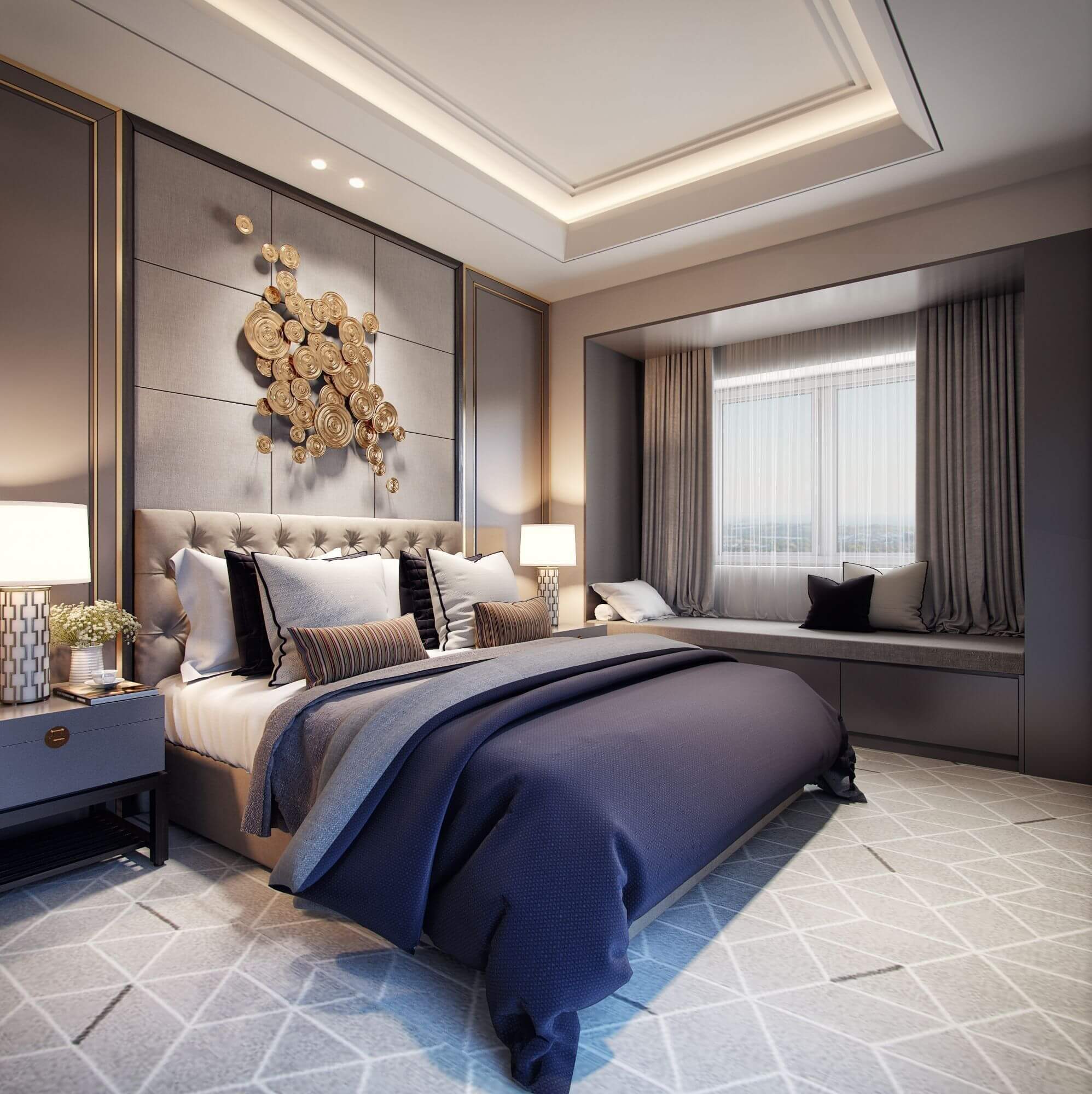 Minimalist luxury bedroom interior with neutral colors and elegant lighting